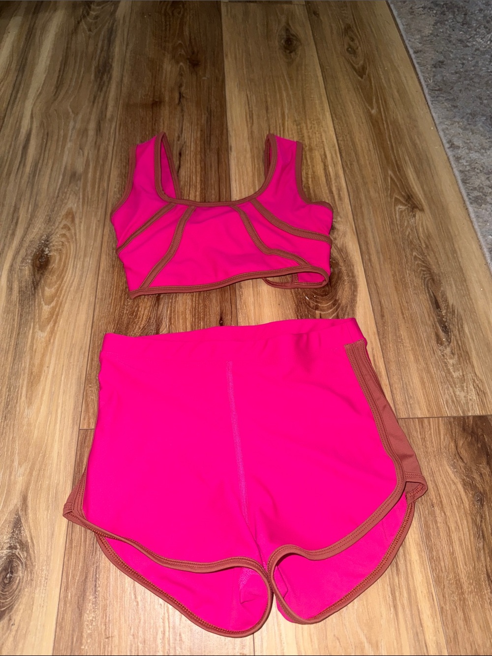 Tiger Friday Hot Pink Two-Piece Dance set with Brown Trim AS top with AM shorts